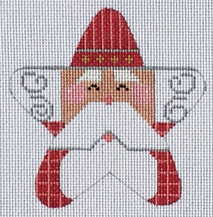 Cross-stitched design of a gnome with a red hat and scarf on a white background