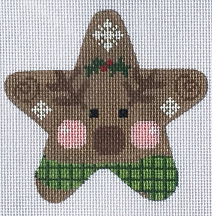 Star-shaped gingerbread man ornament with holly leaves and snowflakes on a white background