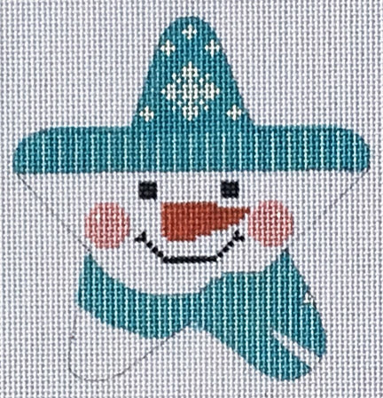 Cross-stitched design of a snowman with a blue hat and beard on a white background