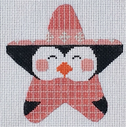 Star-shaped snowman with a red hat and black triangle on a white background