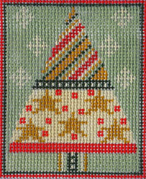 Decorative needlepoint of a Christmas tree with reindeer and presents on a green background.