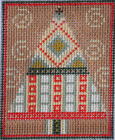 Cross-stitched design of a house with geometric patterns on a brown background