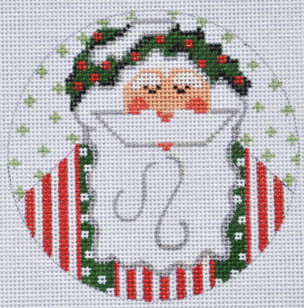 Cross-stitched design of a snowman in a candy cane hat with a wreath, on a white background.