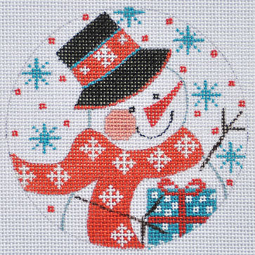 Cross-stitched snowman with a red hat and scarf, surrounded by snowflakes and a gift.
