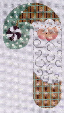 Cross-stitched design of a baby in a candy cane-shaped outfit with plaid patterns.