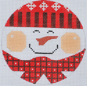 Cross-stitched snowman with a red and brown hat and scarf on a white background
