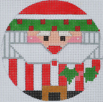 Cross-stitched design of a Christmas elf with a red hat and striped shirt on a white background.