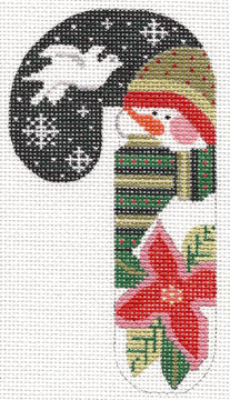 Cross-stitch pattern of a candy cane with a snowman and poinsettia design on a white background.