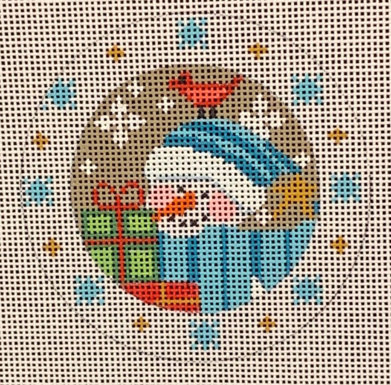 Cross-stitched design of a snowman with a robin on its head.