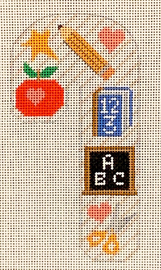 Decorative cross-stitch pattern with educational symbols on a white background