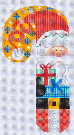 Cross-stitched design of a candy cane with a Santa Claus figure holding a gift.