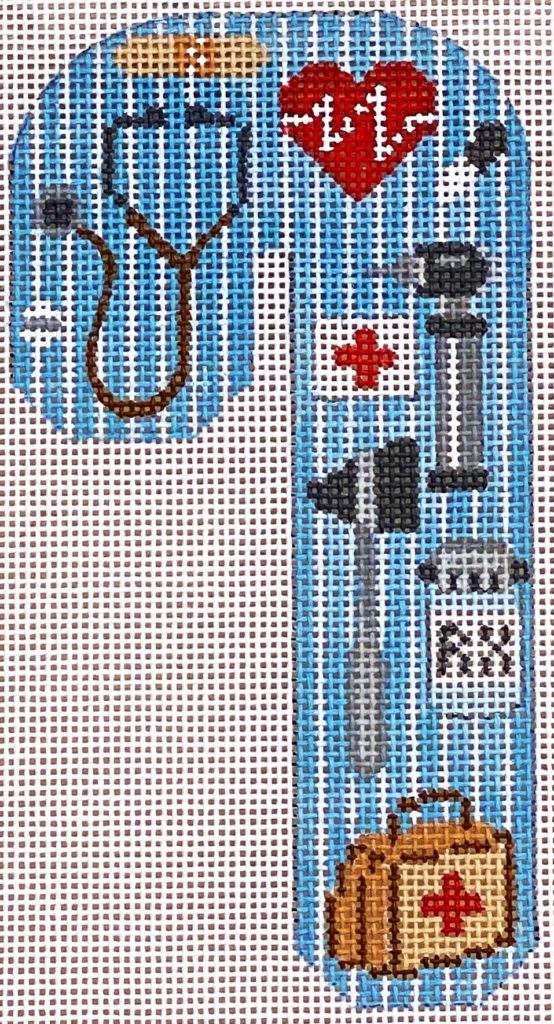 Cross-stitched design with medical-themed elements on a blue background