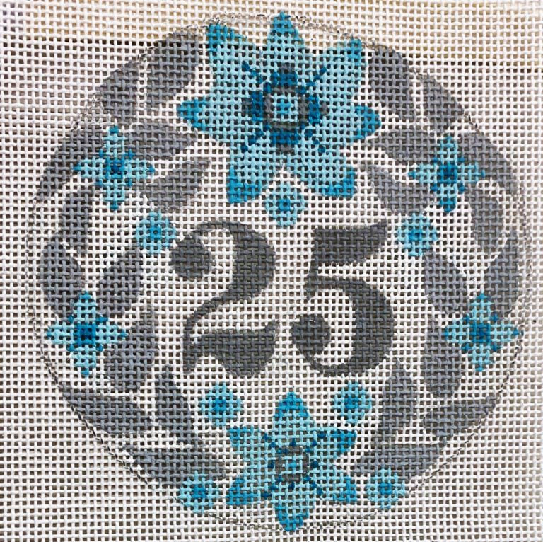 Decorative number '25' with blue floral elements on a gray background