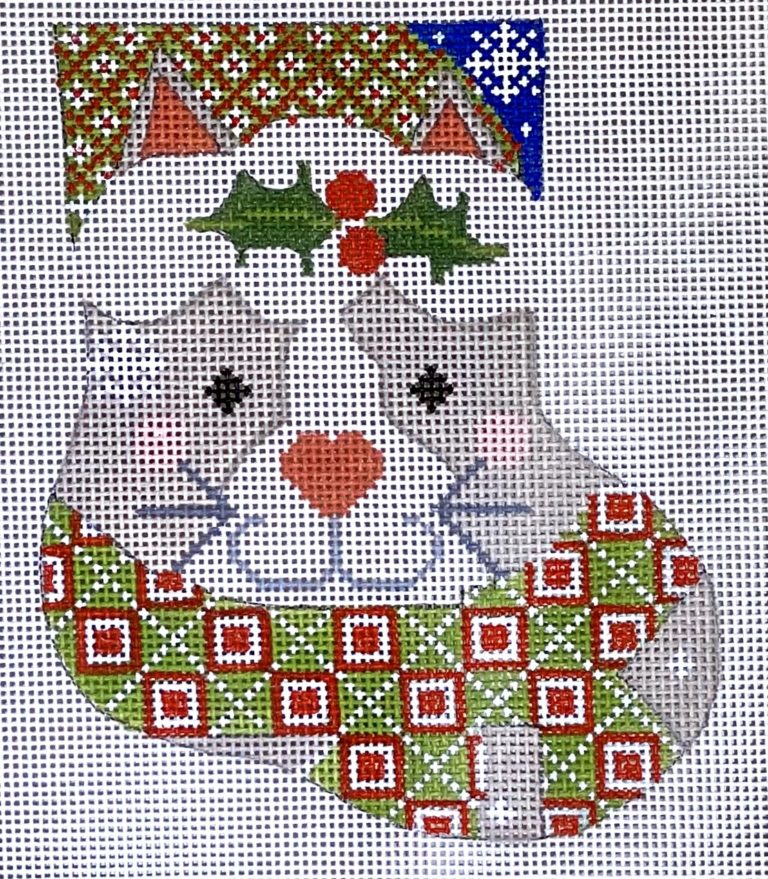 Cross-stitched snowman with quilted patterns and Christmas elements on a white background