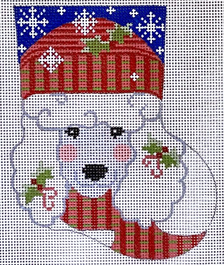 Cross-stitched snowman with a red hat and scarf on a white background