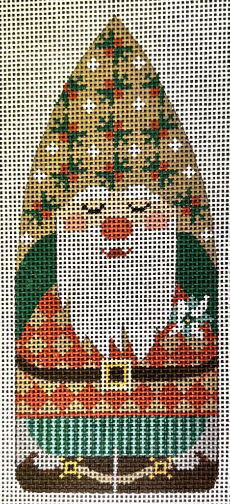 Decorative pattern of a traditional Santa Claus figure with a green hat and red suit.