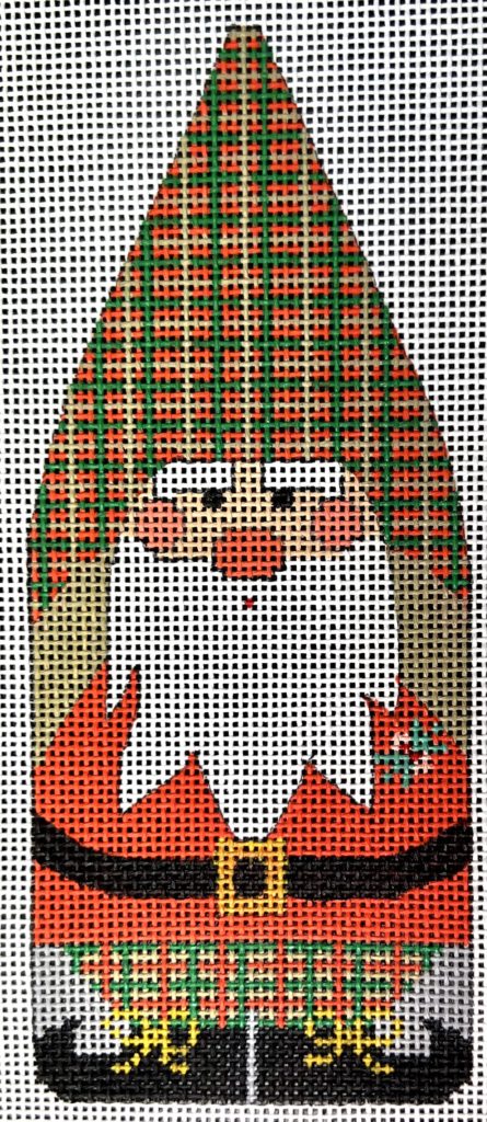 Decorative pattern of a traditional Santa Claus figure with a green hat and red suit.