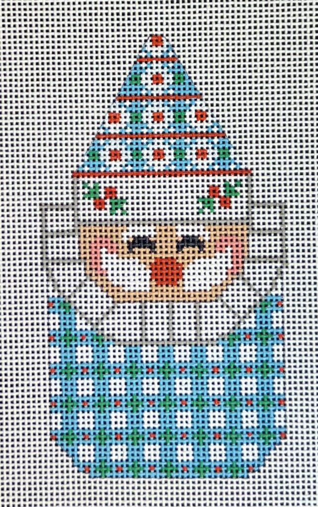 Cross-stitched design of a snowman with a colorful hat and scarf on a white background