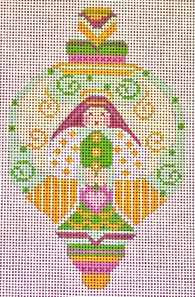 Colorful embroidered design of a figure with patterns on a white background