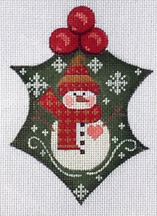 Decorative snowman ornament with red berries on a white background