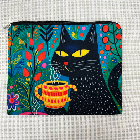 Colorful pouch with a black cat holding a coffee cup design on a textured background