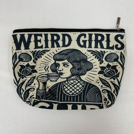Pouch with 'Weird Girls' text and graphic design on a light gray background