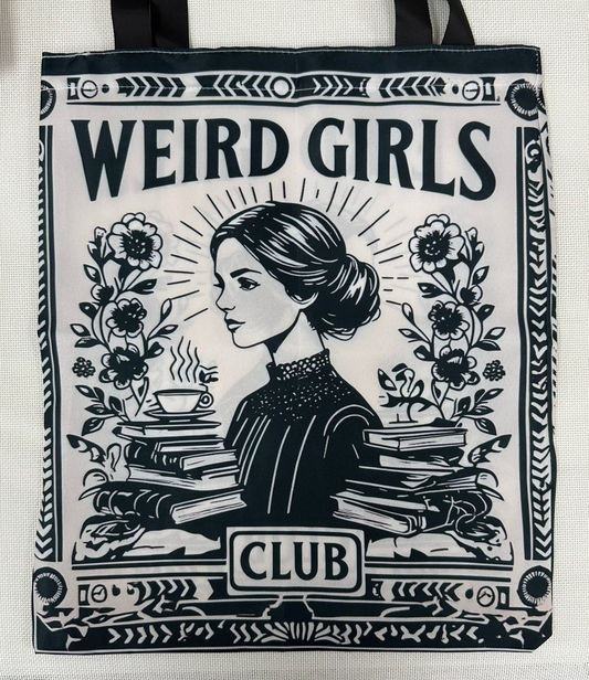 Tote bag with 'Weird Girls Club' design featuring a woman, books, and flowers.