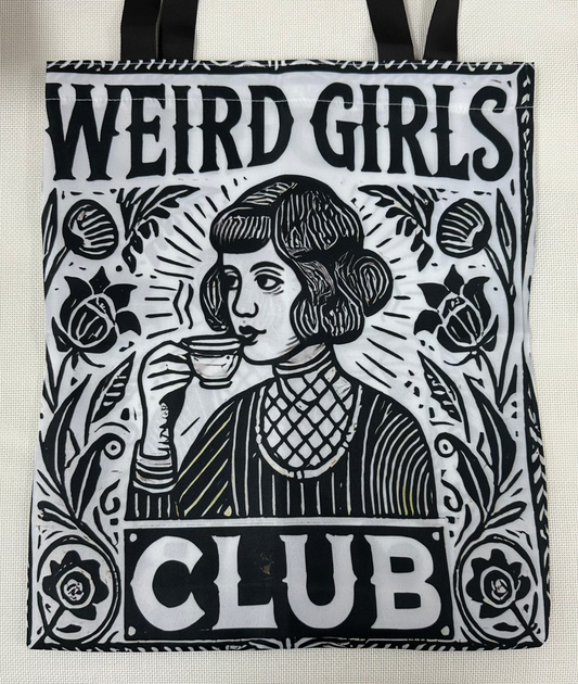 Tote bag with 'Weird Girls Club' design featuring a woman drinking from a cup.