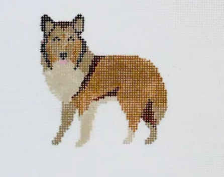 Cross-stitched design of a dog on a white background