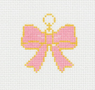 A pink and yellow cross-stitch design of a bow on white Aida fabric.