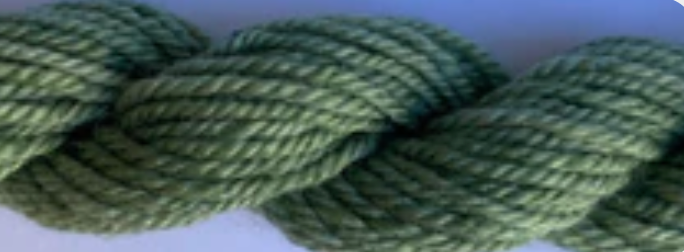 A close-up of a thick, twisted skein of olive green yarn.