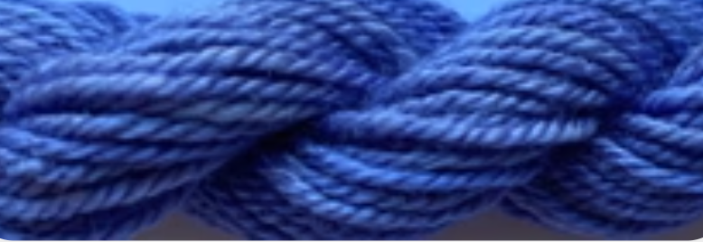 A close-up of a twisted skein of blue yarn showing its texture and color.