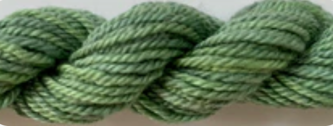 A close-up of a twisted skein of variegated green yarn, showing shades of olive and sage green.