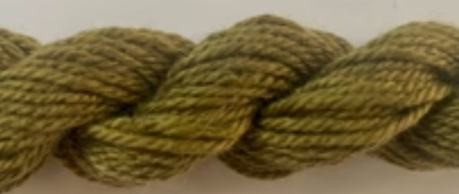 Twisted yarn or cord skein in a mottled olive green and mustard yellow color